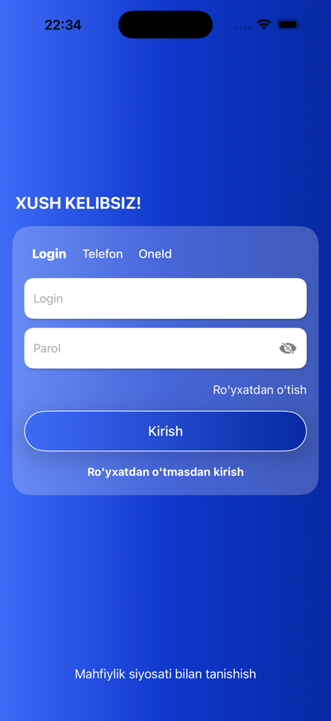 Yo'lovchi deklaratsiyasi - Login screen for the Passenger Customs Declaration app featuring fields for username and password in Uzbek.