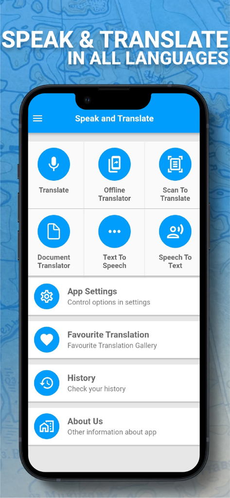 Speak and Translate Languages - Pantalla principal de la aplicación Speak and Translate que muestra las funciones de traducción por voz y escaneo
