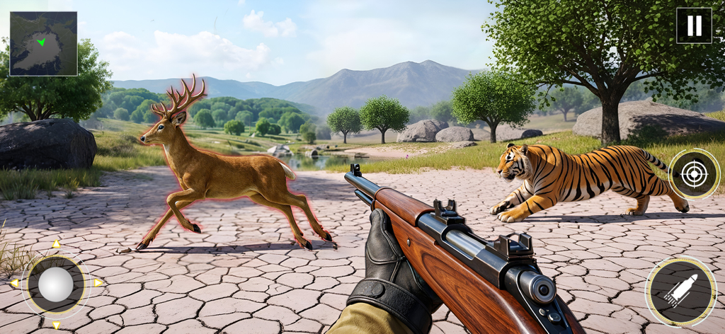 First person view of a hunting game with a rifle aimed at a deer and tiger