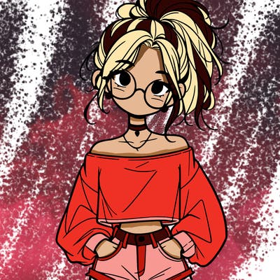 girl with a messy ponytail glasses a baggy crop top and jean shorts