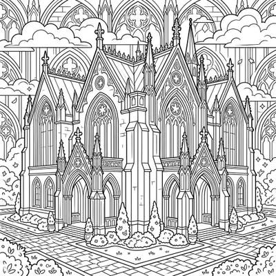 Unleash your creativity with this magnificent coloring page featuring a Gothic Revival mansion. Dive into a world of dramatic spires, intricate tracery, and stunning architectural detail, ready for your artistic touch.