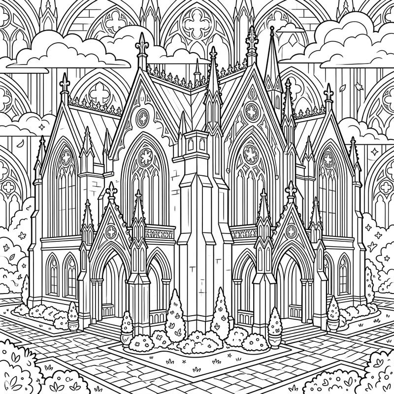Unleash your creativity with this magnificent coloring page featuring a Gothic Revival mansion. Dive into a world of dramatic spires, intricate tracery, and stunning architectural detail, ready for your artistic touch.