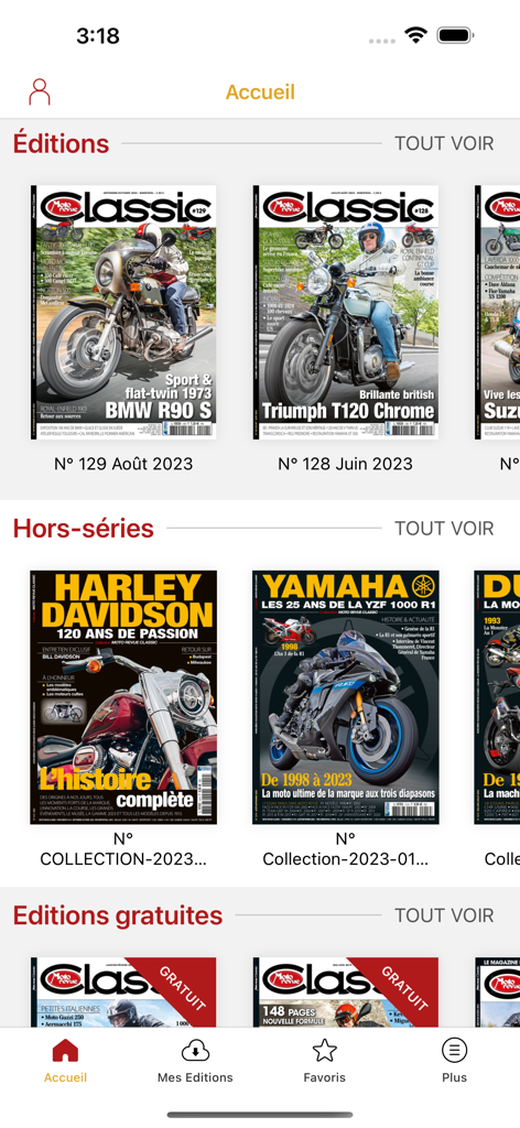 Libreria di riviste digitali nell'app Moto Revue Classic con edizioni di moto d'epoca come BMW e Triumph