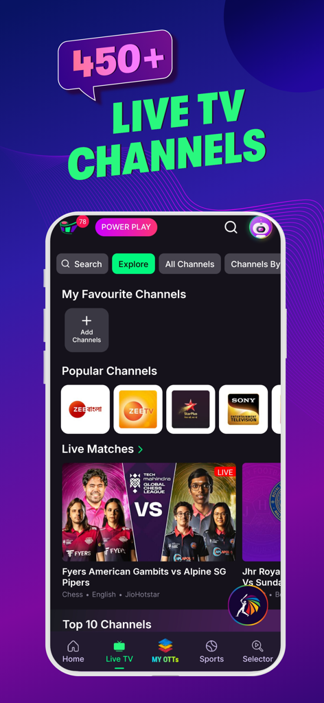 OTTplay - OTTplay app interface displaying over 450 live TV channels and Indian network options.