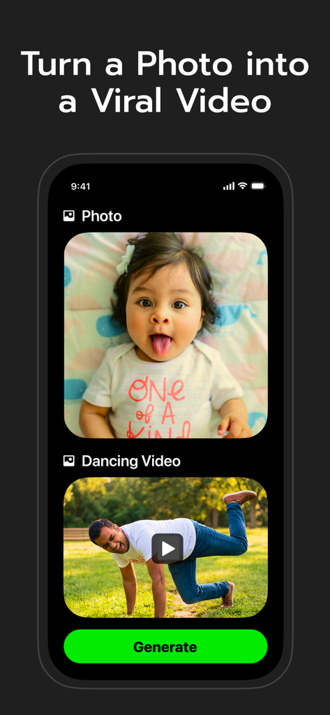 A mobile app screen showing how to transform a photo of a baby into a dancing video using AI