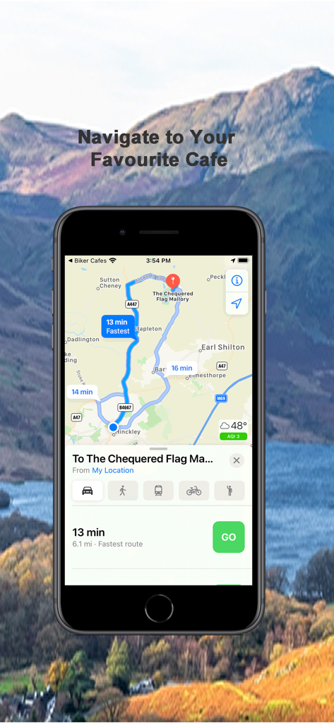 U.K. Biker Cafes - Navigation map screen of the UK Biker Cafes app showing a route to a cafe