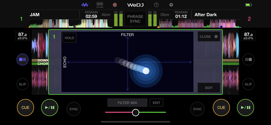 WeDJ for iPhone app screen showing a professional XY pad for filter and echo effects.