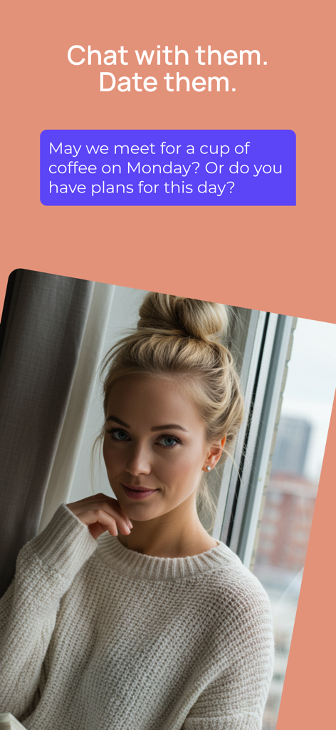 A screenshot of the EuroDate app featuring a chat message inviting someone for coffee and a woman's profile photo.