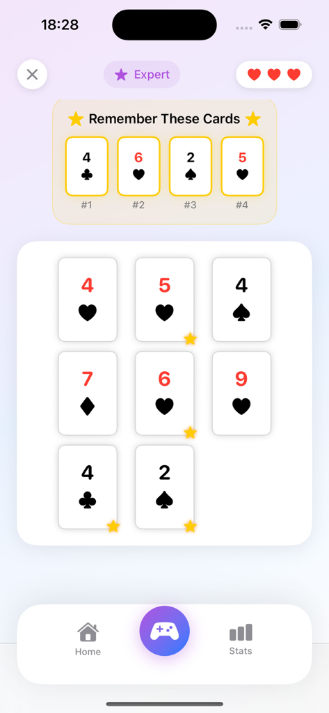 CrushPokerSync app interface showing the expert difficulty level memory card challenge