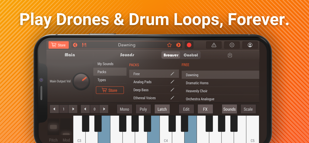 Interface de l'application Drone Piano et Drum Loops avec un clavier virtuel et un navigateur de sons
