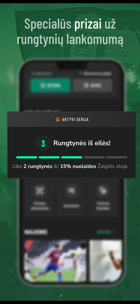 FK Žalgiris - Écran de l'application FK Zalgiris affichant la série de présences aux matchs et les récompenses pour les fans