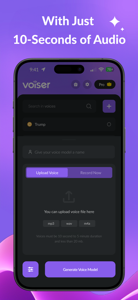 Interfaz de clonación de voz IA en la aplicación Voiser para subir o grabar audio y generar un modelo de voz