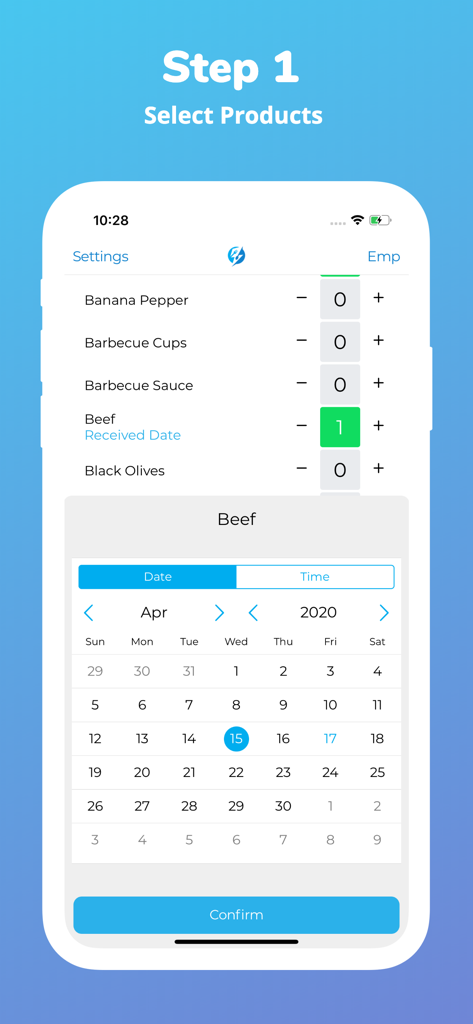 PrepWizard - Screenshot of PrepWizard app showing Step 1 for selecting products and choosing a received date on a calendar for food safety labeling.