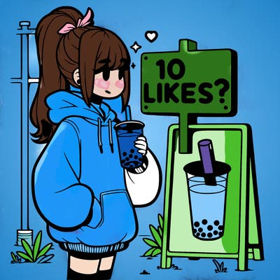 girl with oversized hoodie drinking boba and she has a high ponytail with a sign that says 10likes?