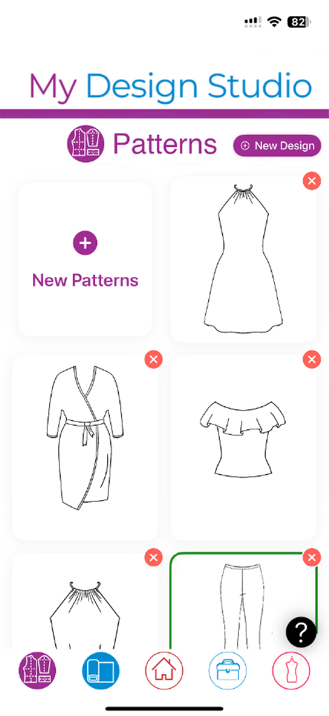 My DIY Fashion Design Studio - Uma biblioteca digital de moldes de costura no aplicativo Meu Estúdio de Design de Moda DIY apresentando esboços de vários vestidos e blusas.