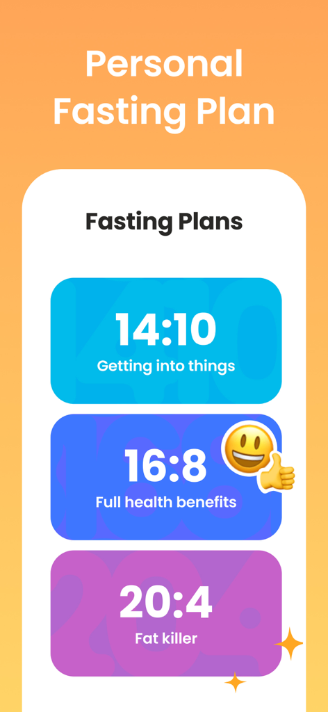 Personal fasting plans screen displaying 14:10, 16:8, and 20:4 intermittent fasting interval options.