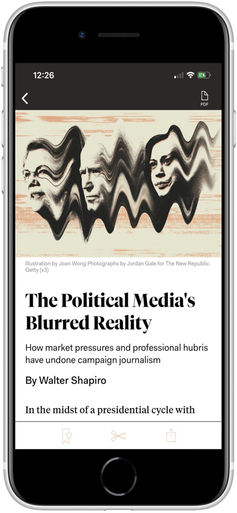 A mobile phone displaying a long-form article in The New Republic app titled The Political Medias Blurred Reality.