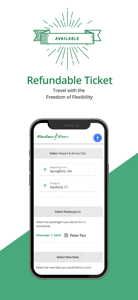 Peter Pan Bus Lines - Peter Pan Bus Lines mobile app interface showing refundable ticket options and a trip booking screen for Springfield to Hartford