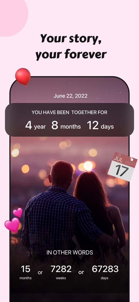 Couple360 app screen displaying a relationship anniversary counter and time together.