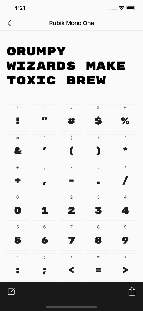 Fontasy - Font Browser - Fontasy app font preview screen for Rubik Mono One typeface