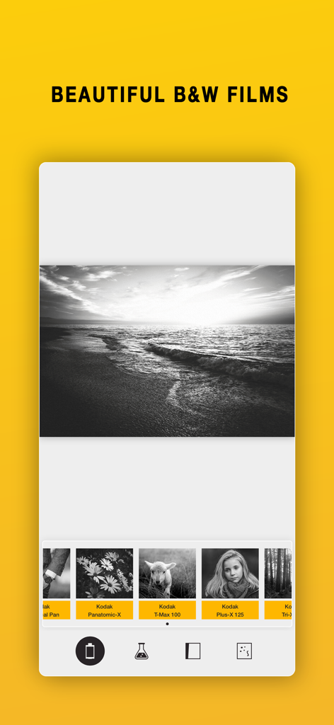 Interface of I Love Film app displaying black and white film grain filters