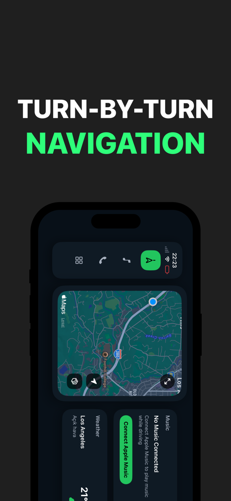 Smartphone screen displaying the Car Play Connect app with turn by turn navigation map and driving dashboard widgets