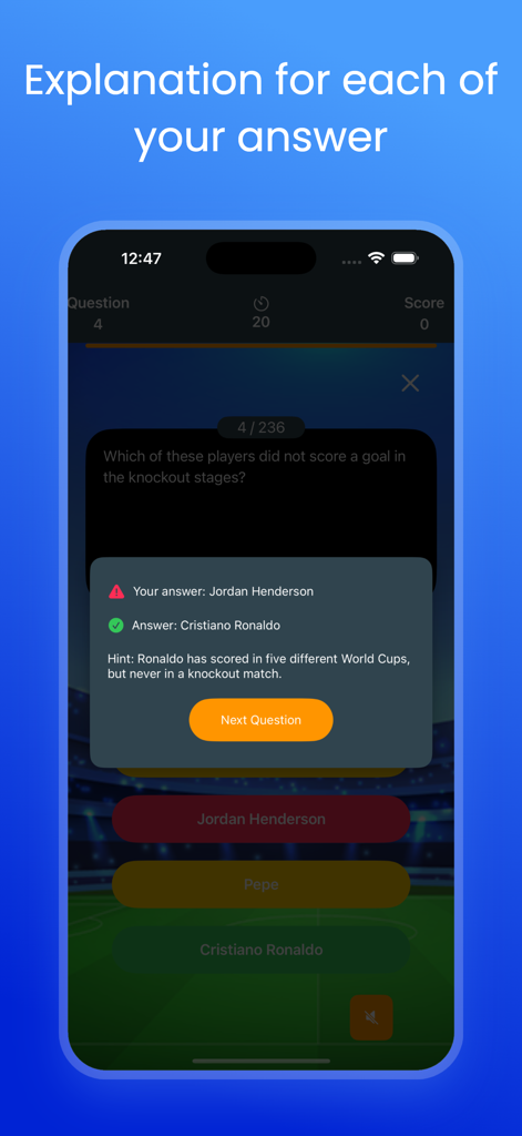 World Football Quizizz - Una pantalla de trivia de fútbol que explica la respuesta correcta para una pregunta de trivia de la Copa del Mundo.