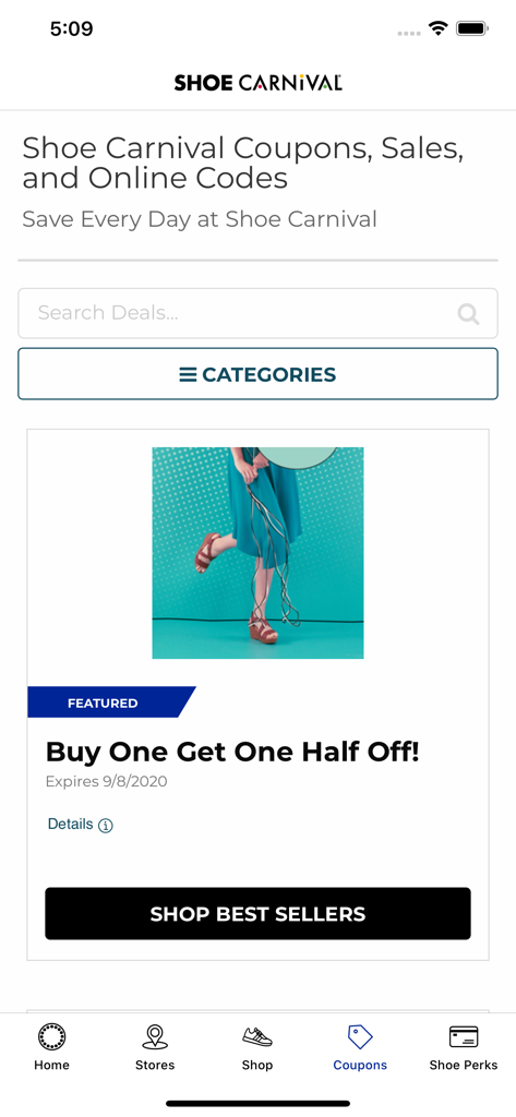Shoe Carnival - Shoe Carnival mobile app coupons screen featuring a buy one get one half off deal