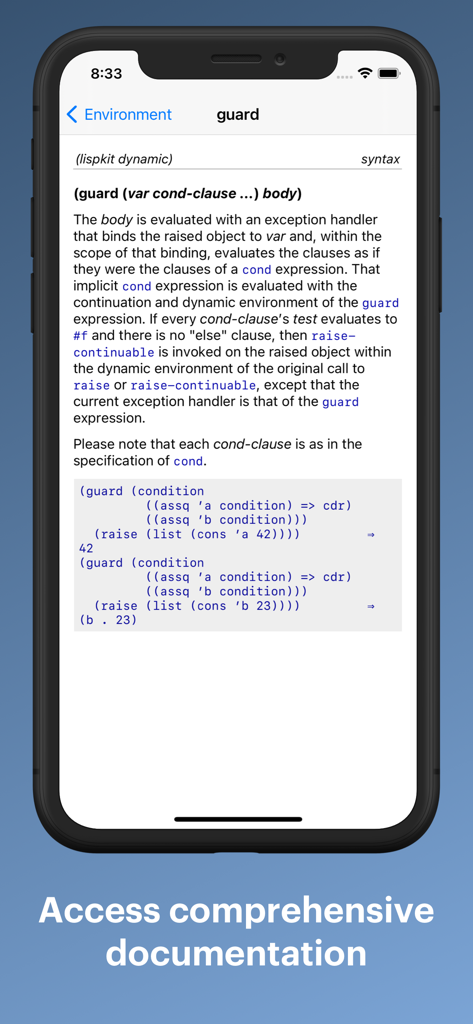 LispPad Go - LispPad Go documentation screen showing Scheme language syntax and code examples