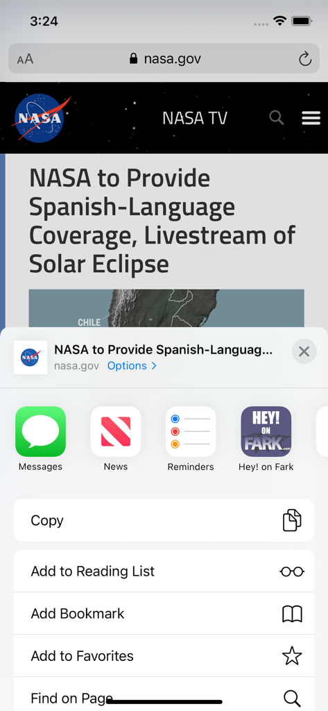 A screenshot of the iOS share sheet featuring the Hey on Fark app icon for submitting news stories from Safari
