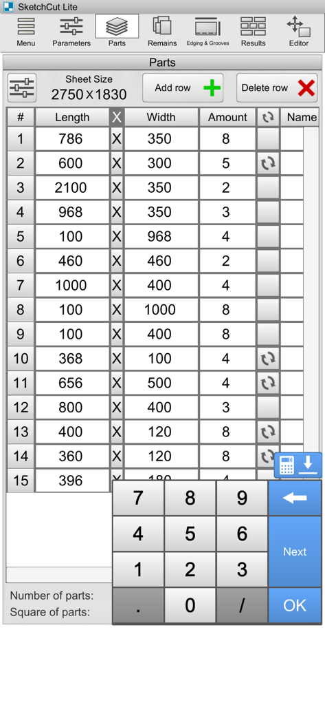 SketchCut Lite app interface showing a table for entering dimensions and quantities of parts to be cut from sheet material.