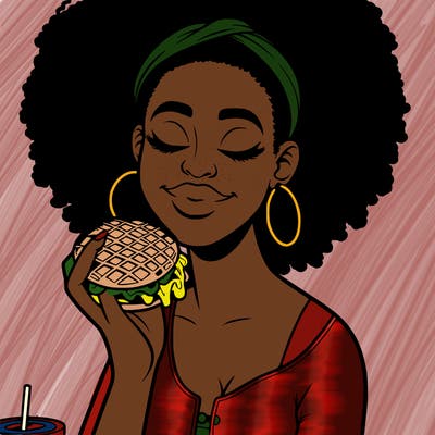 an african american woman eating a waffle burger realistic