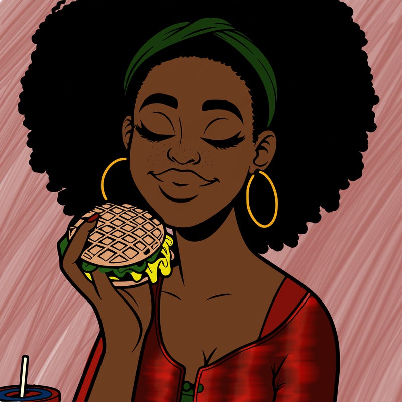 an african american woman eating a waffle burger realistic