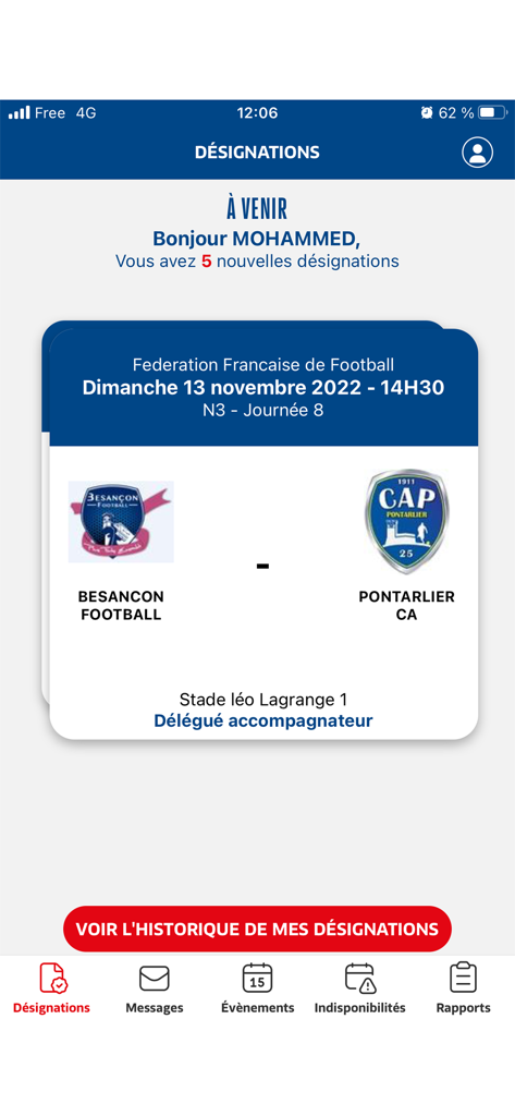 Pantalla de asignaciones de partidos en la app Officiels FFF que muestra detalles del partido de fútbol y el rol del oficial