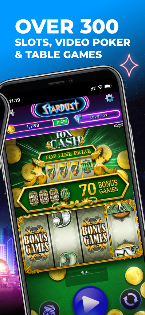Stardust Social Casino mobile app interface showing a 10X Cash slot machine game on an iPhone screen