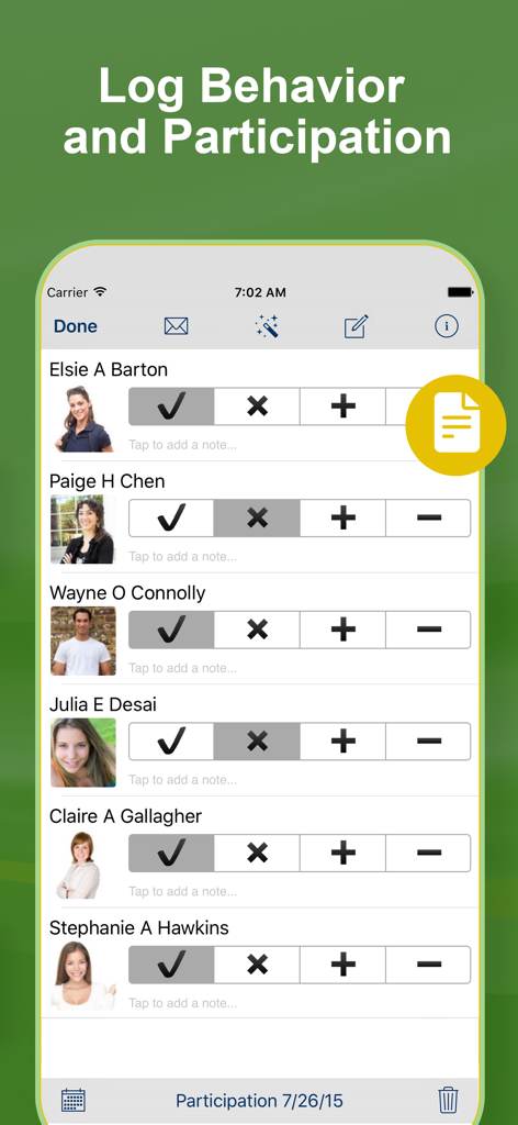 GradeBook Pro: Teacher Toolkit - Oberfläche der GradeBook Pro App zur Erfassung von Schülerverhalten und Beteiligung