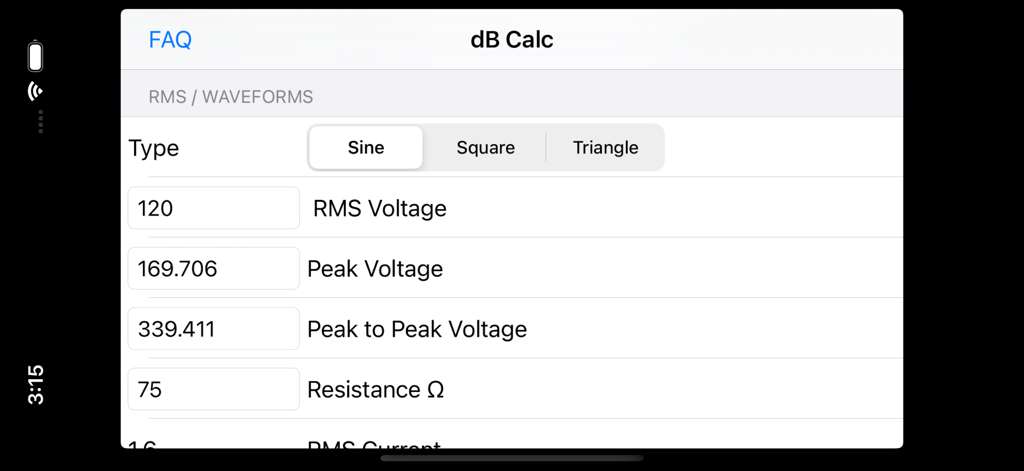 Screenshot of the dB Calc app interface showing RMS and Peak to Peak voltage conversions for a sine waveform