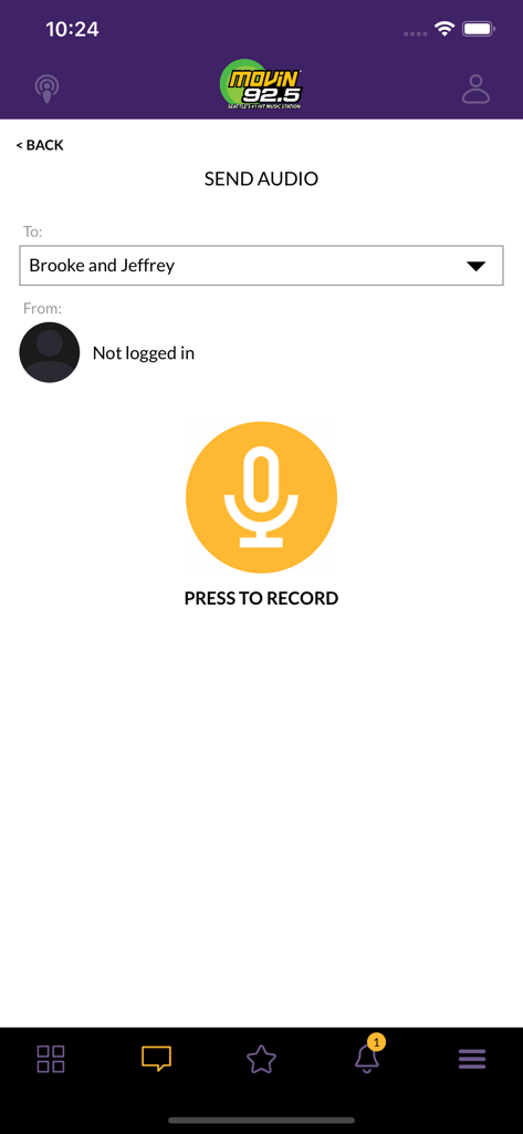 The MOViN 92.5 app screen for recording and sending audio messages to the Brooke and Jeffrey show featuring a large yellow microphone button.