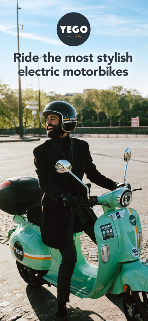 YEGO Mobility - Un homme conduisant un scooter électrique YEGO vintage vert menthe dans un environnement urbain