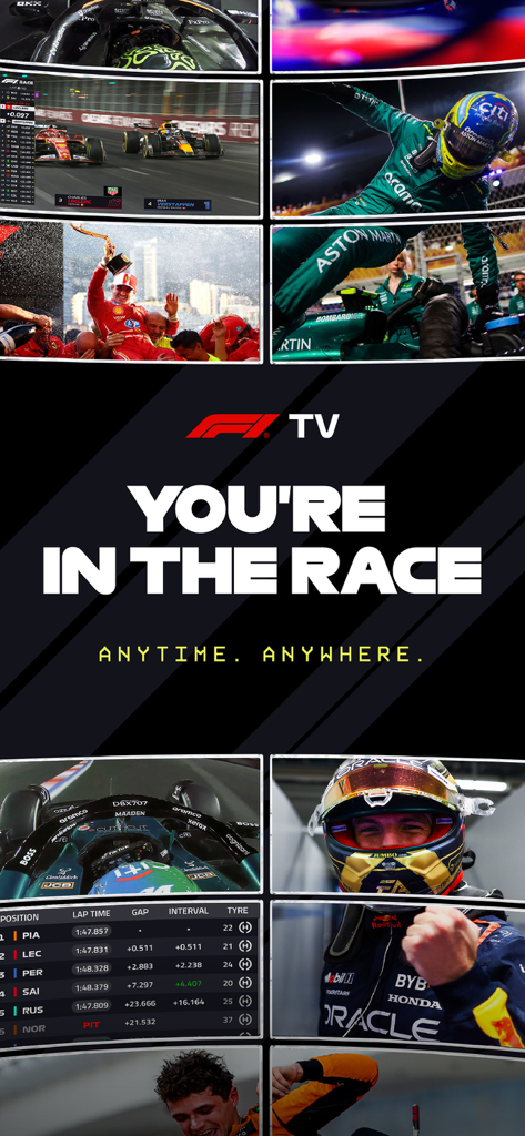F1 TV - F1 TV promotional collage showing live race footage, driver onboards, and real-time telemetry data