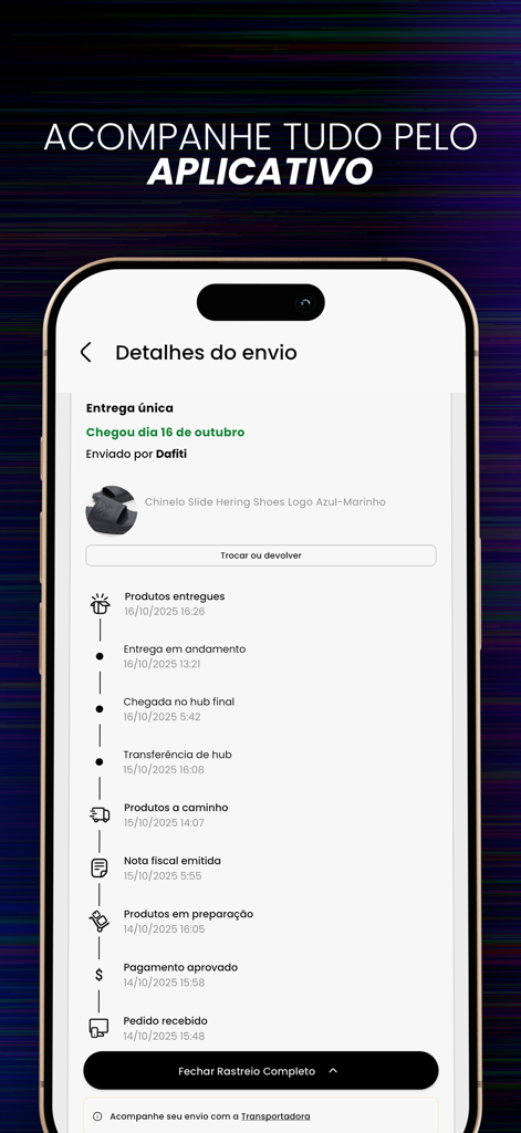 Dafiti mobile app screen displaying a detailed delivery tracking timeline for a fashion order.