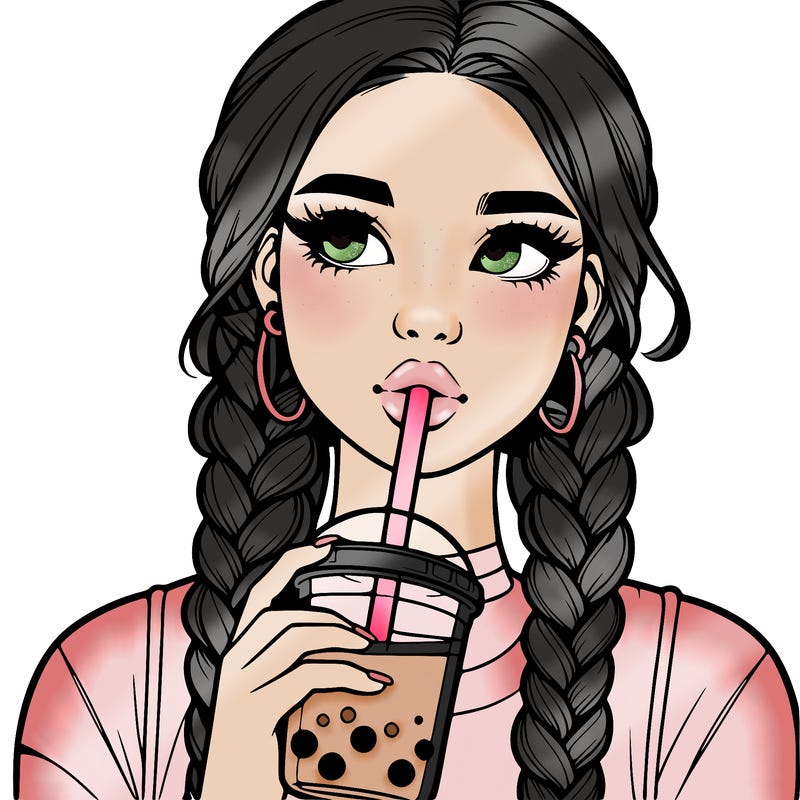 realistic girl with braided hair drinking boba