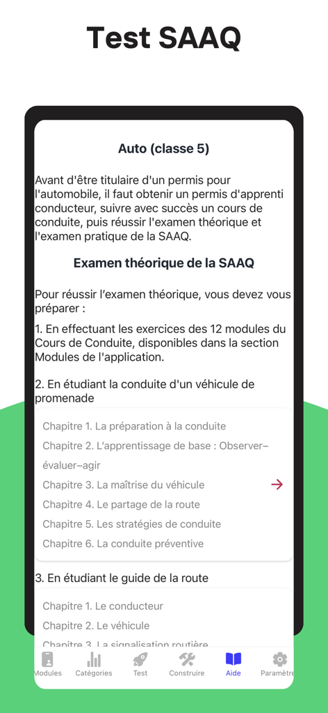 Test SAAQ - Guía de estudio y capítulos para el examen teórico de conducir SAAQ en la aplicación móvil