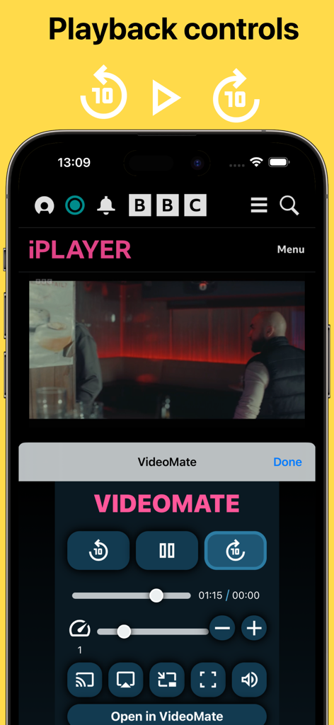 VideoMate - Casting for Safari - Tela do smartphone mostrando os controles de reprodução da extensão VideoMate para Safari, incluindo ajustes de velocidade e opções de transmissão