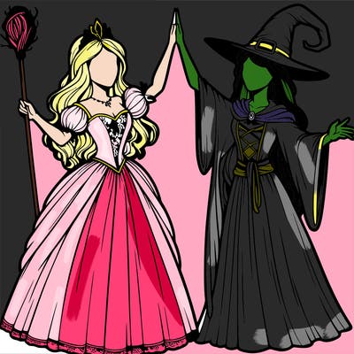 detailed realistic split of a princess and a witch