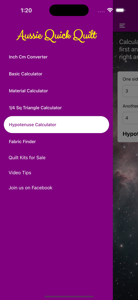Main navigation menu of the Quick Quilt Calculator app listing its various tools and calculators