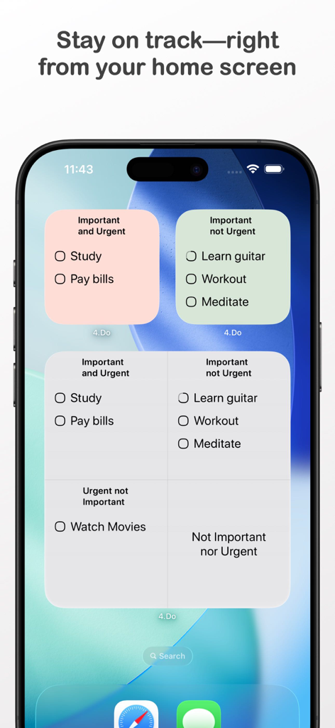 4.Do - Task, To do, Goal list - Pantalla de inicio del iPhone que muestra widgets de la aplicación 4.Do con tareas priorizadas utilizando la Matriz de Eisenhower