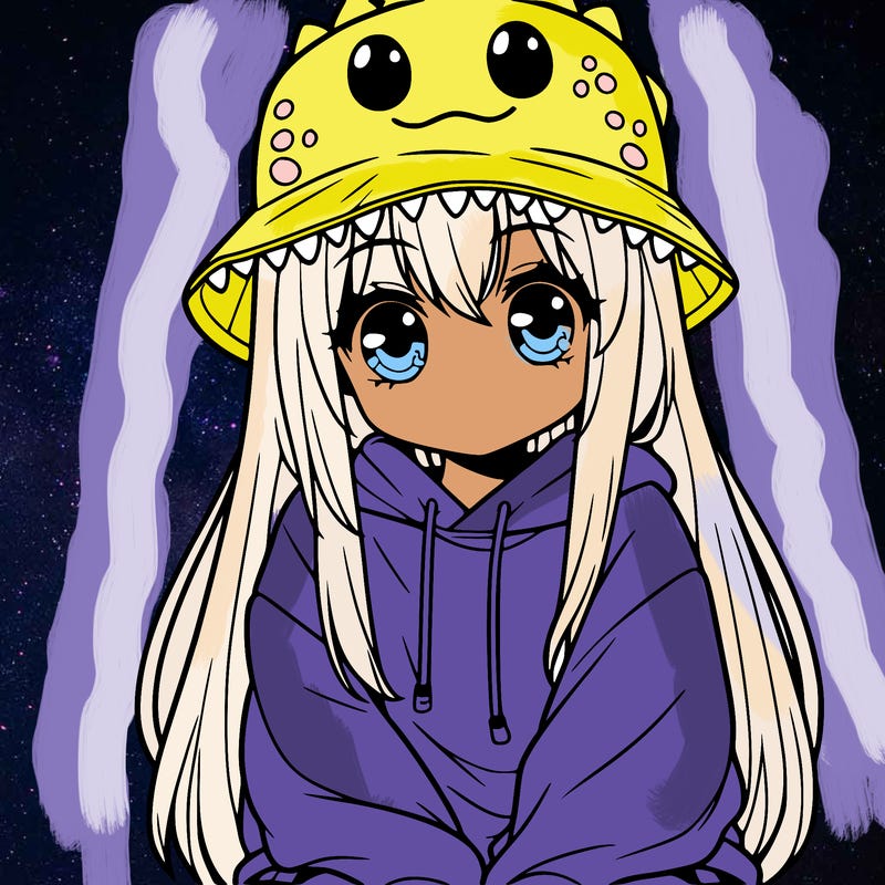 girl with anime shaped eyes with a dinosaur bucket hat oversized sweatshirt long straight hair