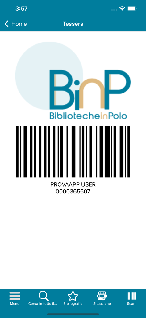 BinP - Pantalla de la tarjeta de membresía digital de la biblioteca en la aplicación BinP que muestra un código de barras y la identificación del usuario.