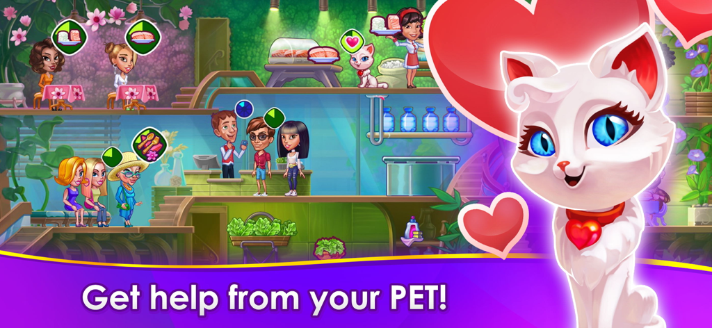 Cafe Dash: Dinner at the Diner - A cute white cat in a restaurant level of Cafe Dash with a banner saying Get help from your PET